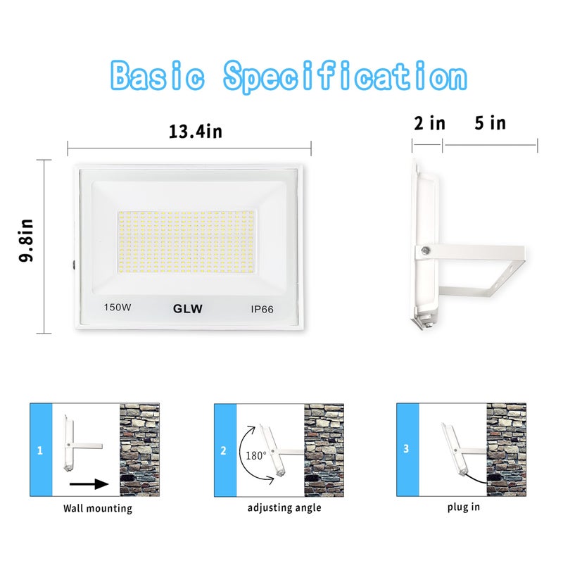 GLW ضوء الفيض LED 150 واط IP66 مقاوم للماء فائق السطوع، 13,000 لومن 6500 كيلفن ضوء النهار الأبيض، كشاف خارجي للمرآب، الملاعب، مواقف السيارات، ملعب كرة السلة - Image 4